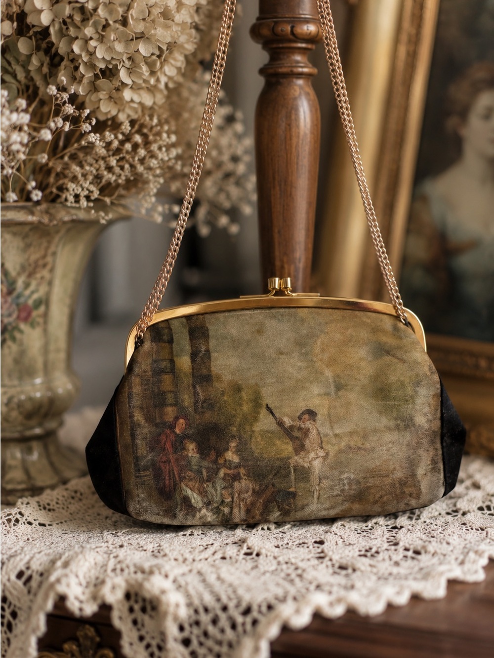 Vintage 50s/60s Italian Art Print Evening Bag Romantic Cottagecore Chain Purse
